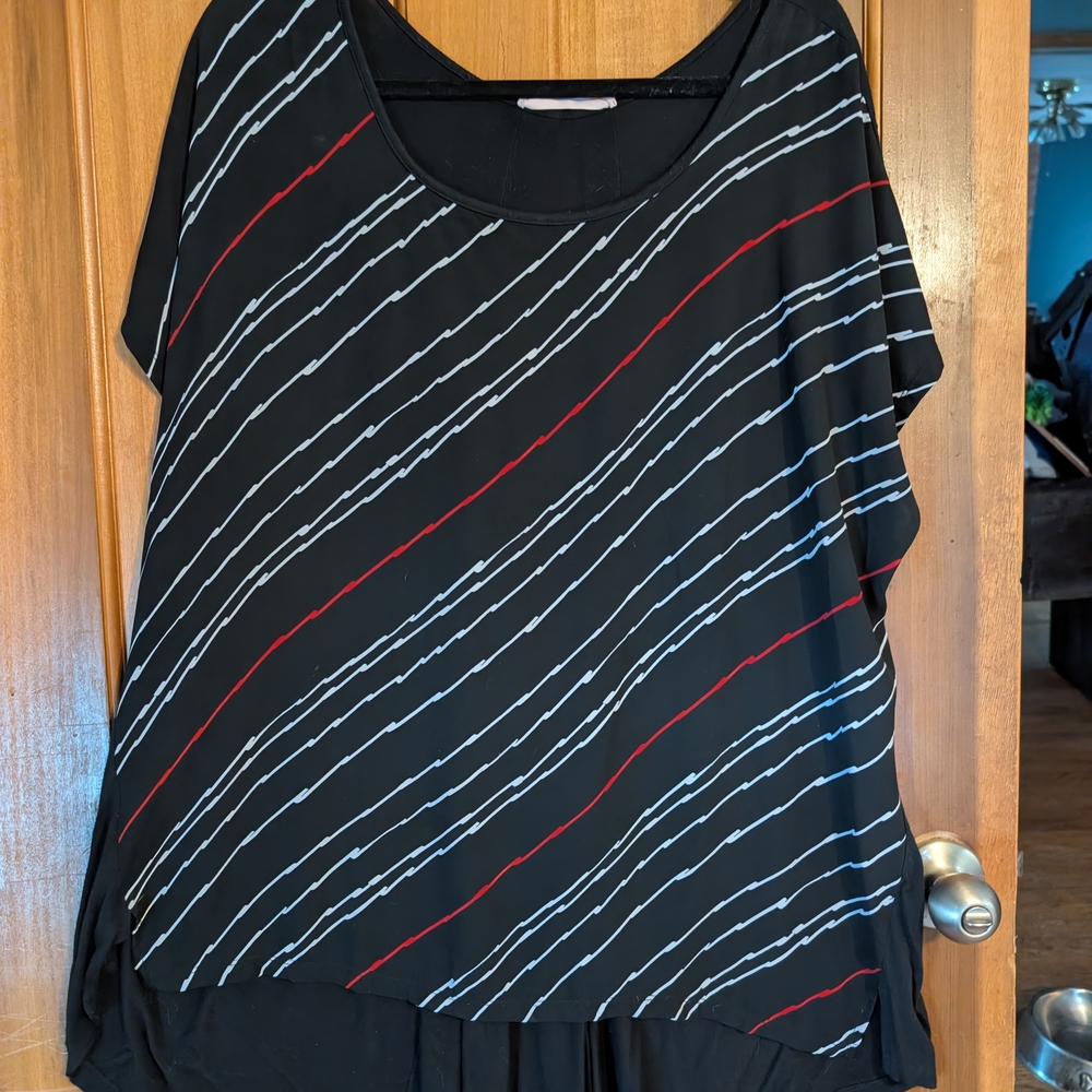 Elegant Black Blouse with Red and White Stripes